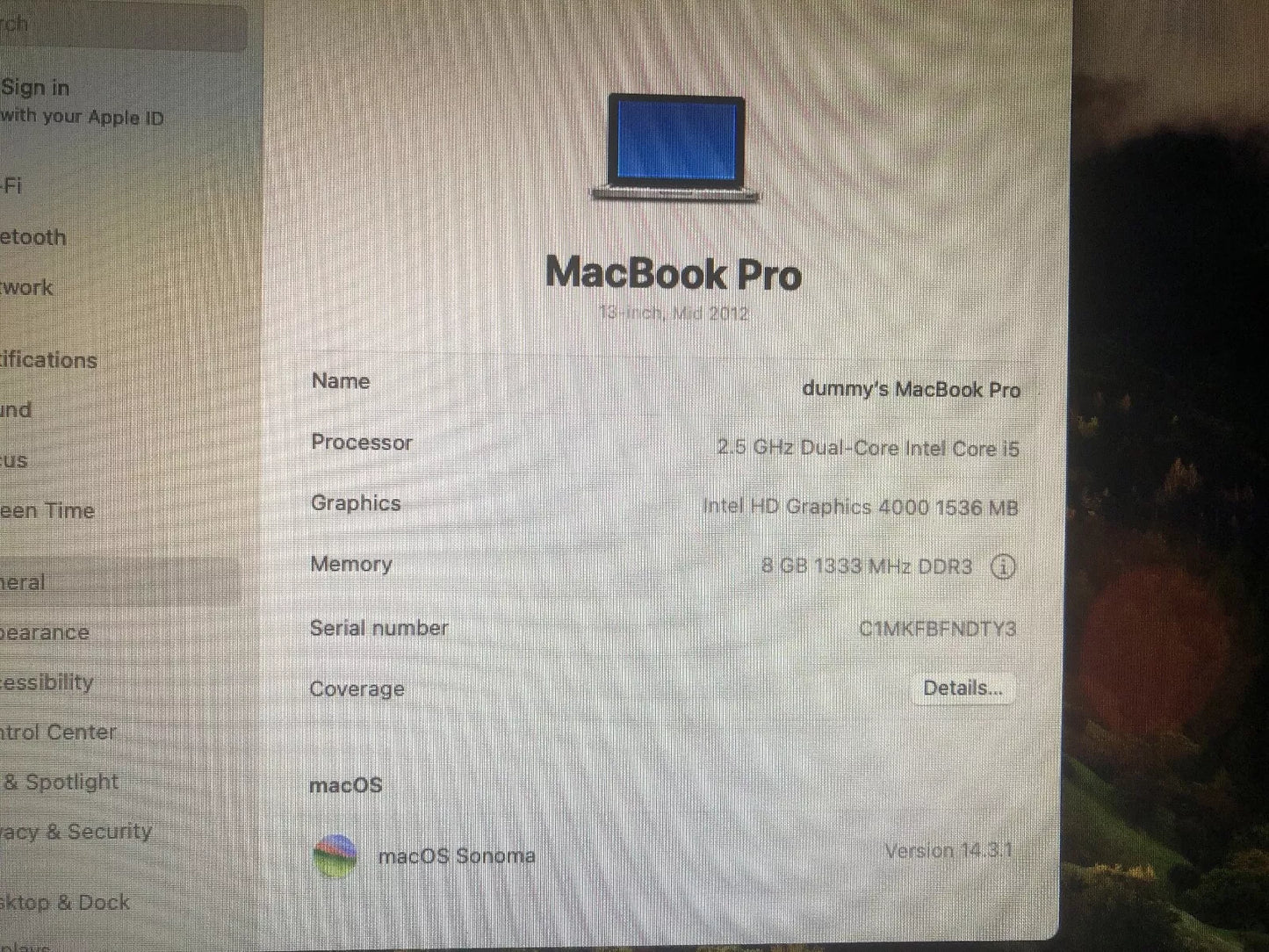 APPLE MACBOOK PRO INTEL i5 2.3GHz 8GB RAM 120GB SSD MACOS 14 SONOMA