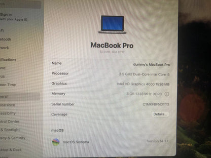 APPLE MACBOOK PRO INTEL i5 2.3GHz 8GB RAM 120GB SSD MACOS 14 SONOMA